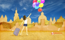 旅途-手拿五彩气球托旅行箱的卡通女孩
