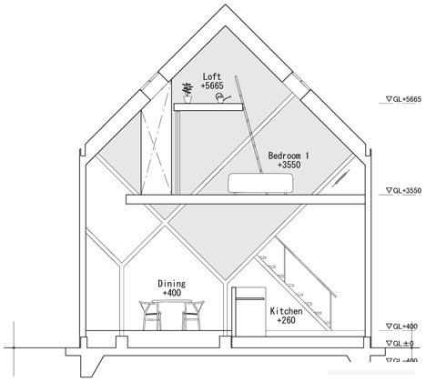 Y形木柱楼,两间卧室和一个传统的日式房间,以及三个独立的阁楼。客厅,餐厅和厨房都设在一楼-日本Hiroyuki Shinozaki建筑师作品---酷图编号23