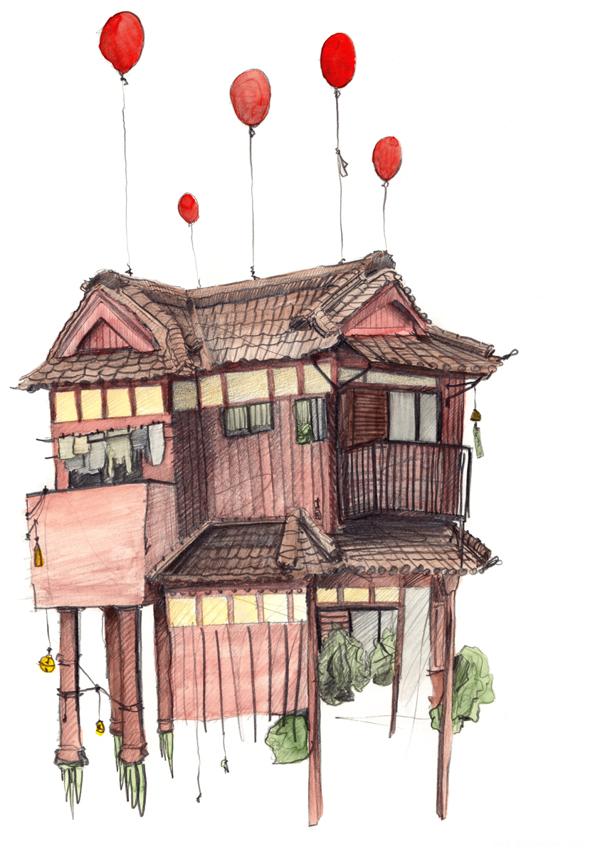 中国式凉亭鼓楼建筑插画-德国纽伦堡Philipp Zurmoehle手绘插画师作品---酷图编号12