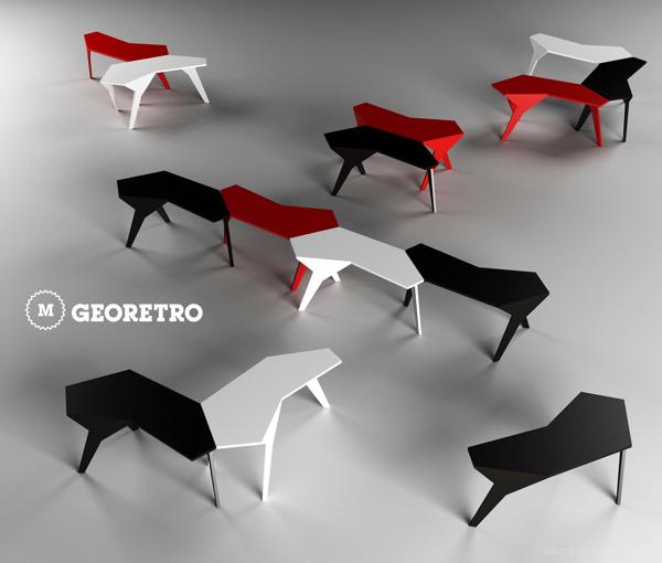 三条腿几何弧形桦木胶合板桌子家具,有三种颜色---酷图编号1067358