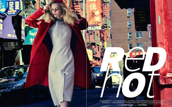 莉迪亚赫斯特-Marie Claire玛丽克莱尔俄罗斯2013年11月-优雅的红热连衣裙外套时装秀---酷图编号4