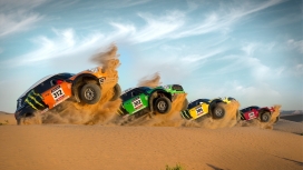 四辆在沙漠中腾飞越野车
