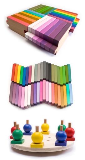 一系列的木制彩虹儿童玩具