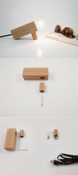 组装容易的照明工具-组件包含一个坚实的橡木块，坚实的橡木销钉，黄铜螺丝，和灯泡