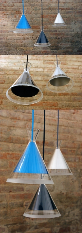 Beira贝拉容器灯-非常简单的几何形状,有一个环形的磨砂玻璃做灯罩外层，内灯罩由铝制成，并以不同的颜色，它可以进行阳极氧化