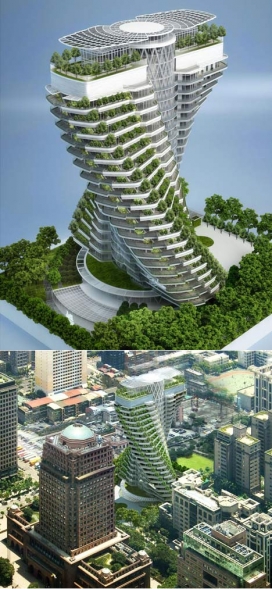 植物覆盖扭塔形状类似DNA链亚太会馆-Vincent Callebaut建筑师作品