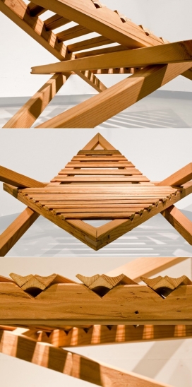 THE STAR GAZER躺椅-椅子灵感来自达芬奇的互惠框架的概念-即依靠重力和摩擦力，创造一个有利的结构。