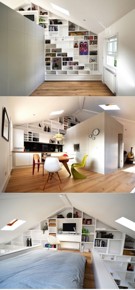 Camden的阁楼空间-房屋在伦敦北部，配备了合并的楼梯和书架