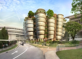 新加坡南洋理工大学学生宿舍建筑-英国设计师托马斯・赫斯维克作品，建筑坐落在郁郁葱葱的花园，类似一簇细长的蜂箱