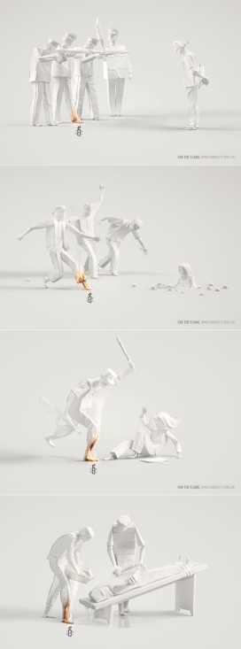 3D纸人火焰战-手工制作的3D纸雕艺术作品，描绘战争时期俘虏士兵的场景