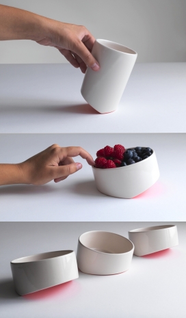 Share.Food器皿餐具-简约的白色盘子，碗和杯子，尖端露出一个闪光的萤光粉红底面