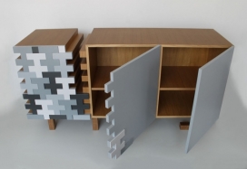 格子拼图餐柜-采用稳定的混凝土制成，而另一侧看起来很混乱，具有断裂。