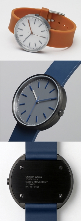 Dezeen手表商店-104系列手表，有黑色，蓝色和橙色系列-新系列保留了原有的100系列简单设计，全部采用瑞士宝石Ronda机芯，硬化矿物水晶玻璃表镜，男女皆宜的风格