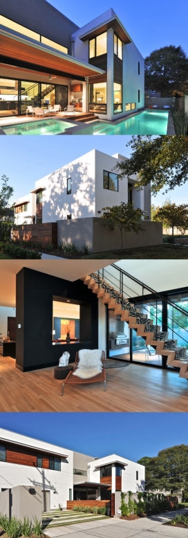 得克萨斯州休斯敦L形房屋别墅建筑-坐在城市的心脏，为了使大部分的空间土地，它设计L形配置，以最大限度地提高平方尺。是由两个矩形相交，环绕一个侧院，设有一个长的小型游泳池。