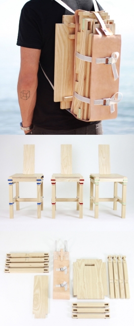 西班牙设计师Jorge Penadés作品-可以拆卸放入背包的木椅