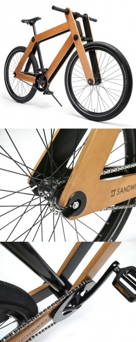 Sandwichbike扁平封装的木制自行车-框架是由防风雨榉木胶合板制成，整车重17公斤