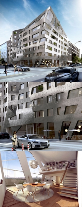 Daniel Libeskind丹尼尔・里伯斯金设计的德国柏林金属几何公寓楼-房屋外观采用炻瓷砖反光强烈的金属涂层，闪闪发光