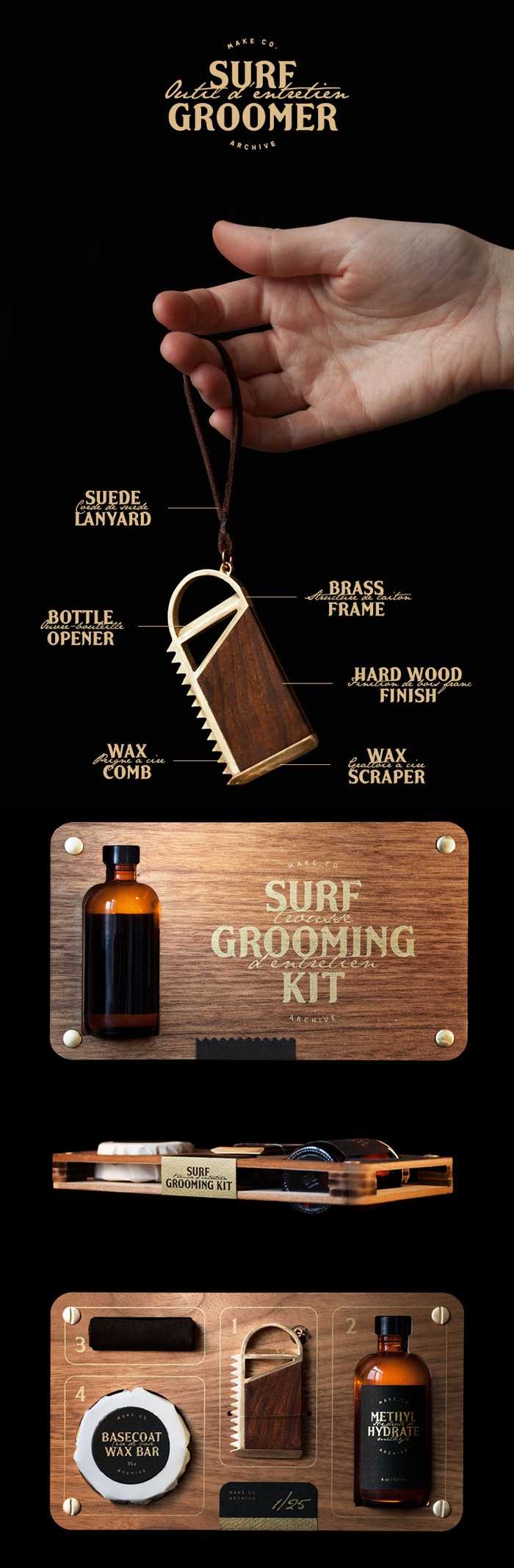 一个奇妙的设计-滑板冲浪美容工具包-最先进的冲浪板维护套件,配备了真皮挂绳,包括一个青铜和巴西紫檀木 ,黑色棉布,蜡棒和一瓶甲基水合物,可以擦去蜡留下任何残留物图片