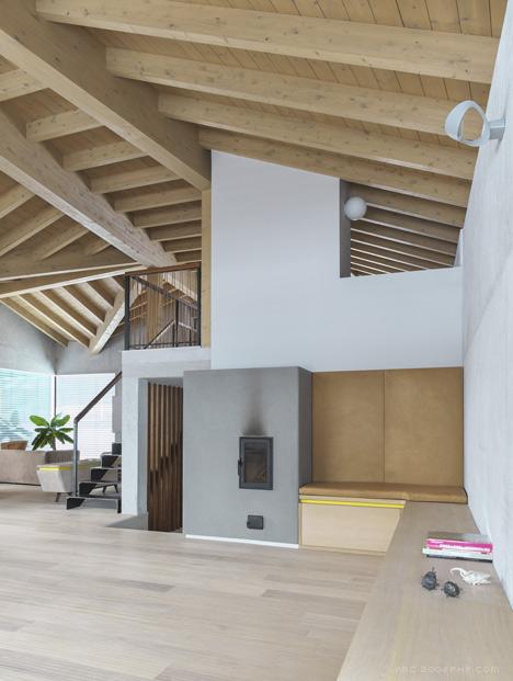 阿尔卑斯高山小屋“谷仓”-三层楼的房子,适合于现代家庭生活方式,采用混凝土为基础,而不是砖砌,并用平缓的屋顶,有助于防止大量积聚雪,外墙壁使用腐蚀性化学雕刻的花和鱼,整体看上去生动活泼---酷图编号1084972