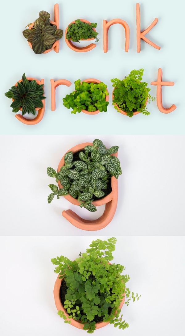 盆景字母设计-手工使用“原始橙”陶土和小植物制成封面大图