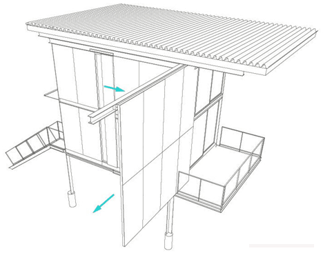 华盛顿国家公园周末度假舱-西雅图建筑师Tom Kundig作品-墙壁安装保护钢,地板高跷以防止水浸,整个房屋面积大约30平方米,外部采用四个钢柱为支撑,类似三角庇护所,里面有紧凑的厨房,双高客厅和用餐区和一个小洗手间---酷图编号9