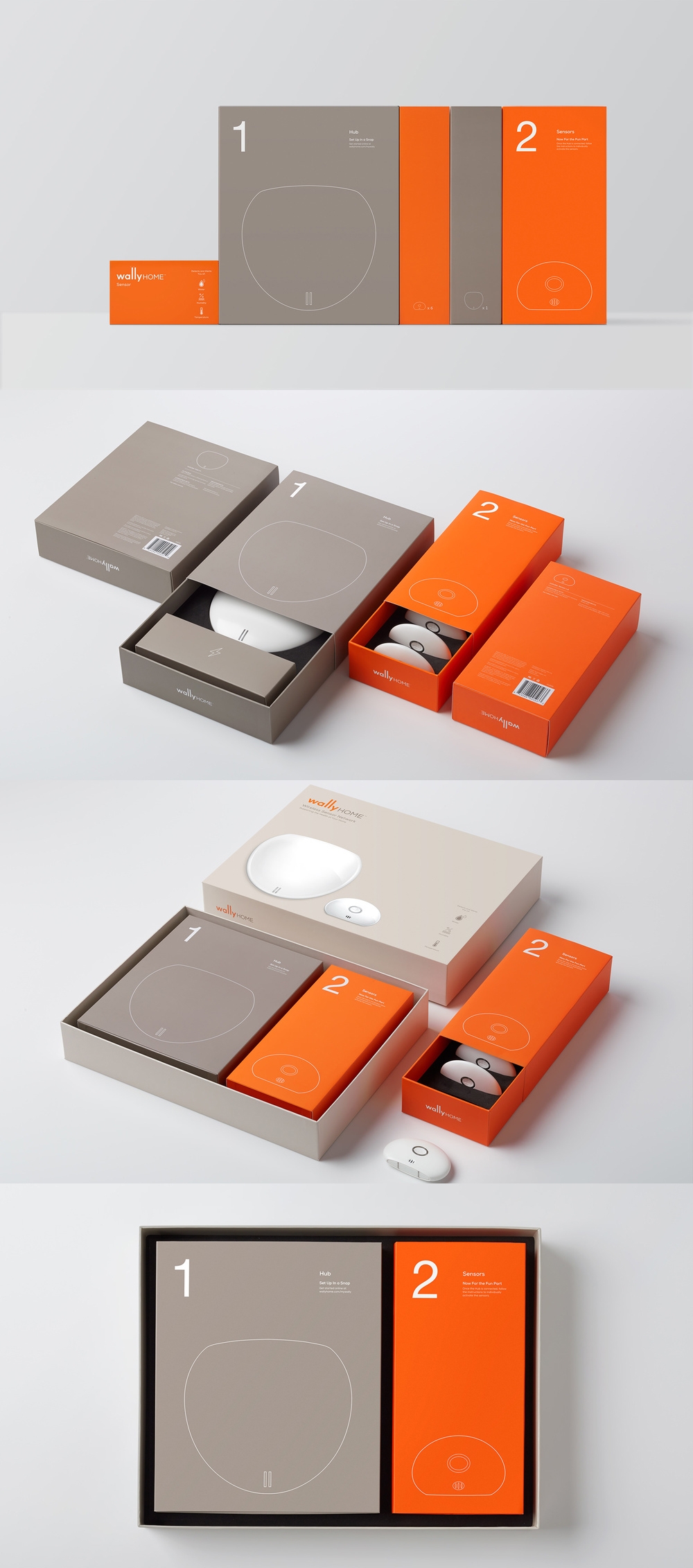 Wally-家居传感器系统包装设计-沃利是一个新的漏水检测传感器警报系统,创造一个传感器网络,提醒你房屋漏水以及其它危险趋势,湿度和湿度。简单的人物线条插图设计和图表来说明产品使用方便图片