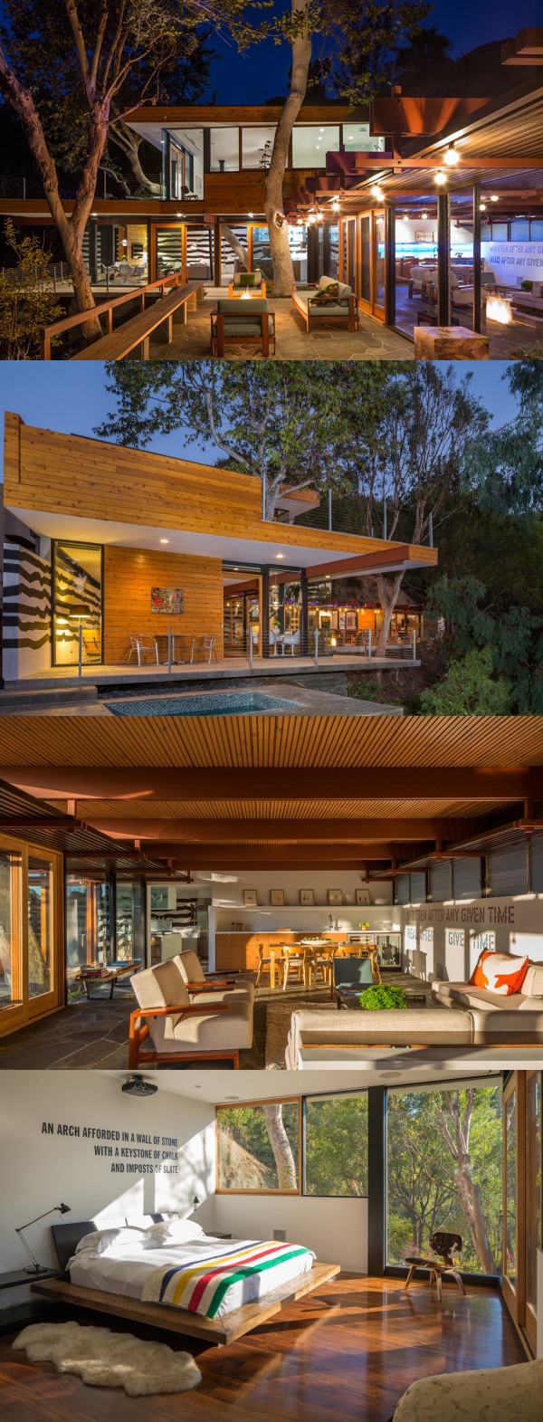 梧桐房-坐落在纽约,面积达1500平方英尺,很多半岛形状和倾斜地形发挥了巨大的自然地理因素,山坡上的多个悬臂给予他们所需的平方英尺,现有的木梁和新钢结构都漆成红色,所有的固定窗都是黑色,锯齿状的黑白色的线,从厨房开始,穿过客厅,让你在享受豪华的生活时同时体验大自然图片