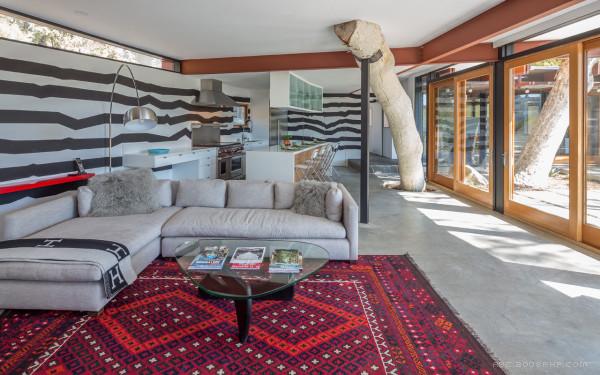 梧桐房-坐落在纽约,面积达1500平方英尺,很多半岛形状和倾斜地形发挥了巨大的自然地理因素,山坡上的多个悬臂给予他们所需的平方英尺,现有的木梁和新钢结构都漆成红色,所有的固定窗都是黑色,锯齿状的黑白色的线,从厨房开始,穿过客厅,让你在享受豪华的生活时同时体验大自然---酷图编号11