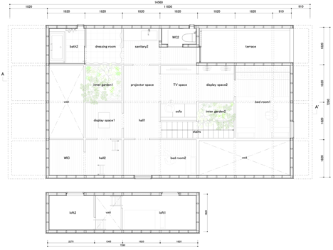 克敏佐佐木的家-半高壁网格的空间室内装饰-在日本冈崎爱知县,房子的下层有一个简单的布局,开放式的客厅和厨房中心,房间沿边缘窄,但上层的设计采用了一种更灵活的布局,为了满足13间客房的需求,同时保持它们相互开放,整个二楼被分成网格,由拱肩墙为界。---酷图编号1110276