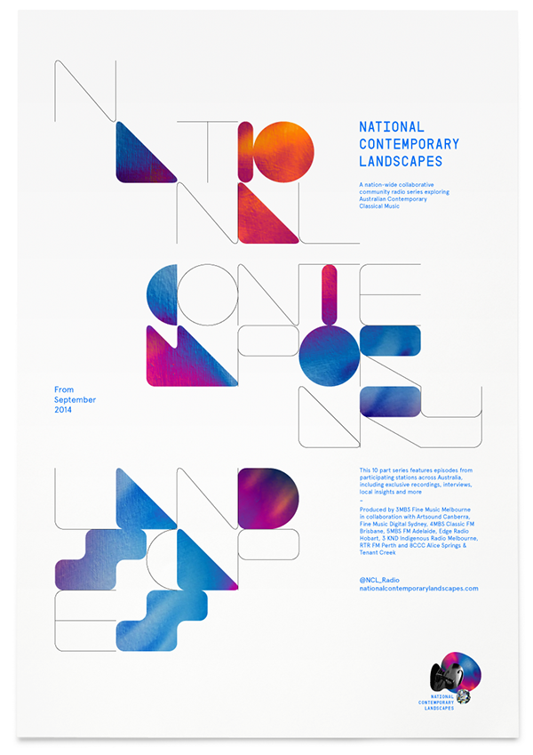 探索澳大利亚当代古典音乐-National Contemporary Landscapes品牌标志设计,采用乐器,景观和当代噪音/抽象音乐体现。---酷图编号1128578