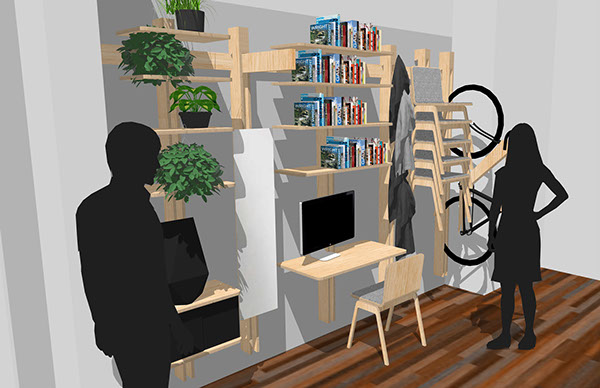 Flat-pack Series-木质壁挂式家居设计-每个产品都是采用数控胶合板切割装配,几乎没有其它的硬件。可以当做书桌,橱柜,自行车存放处,照明,衣帽钩等。---酷图编号11