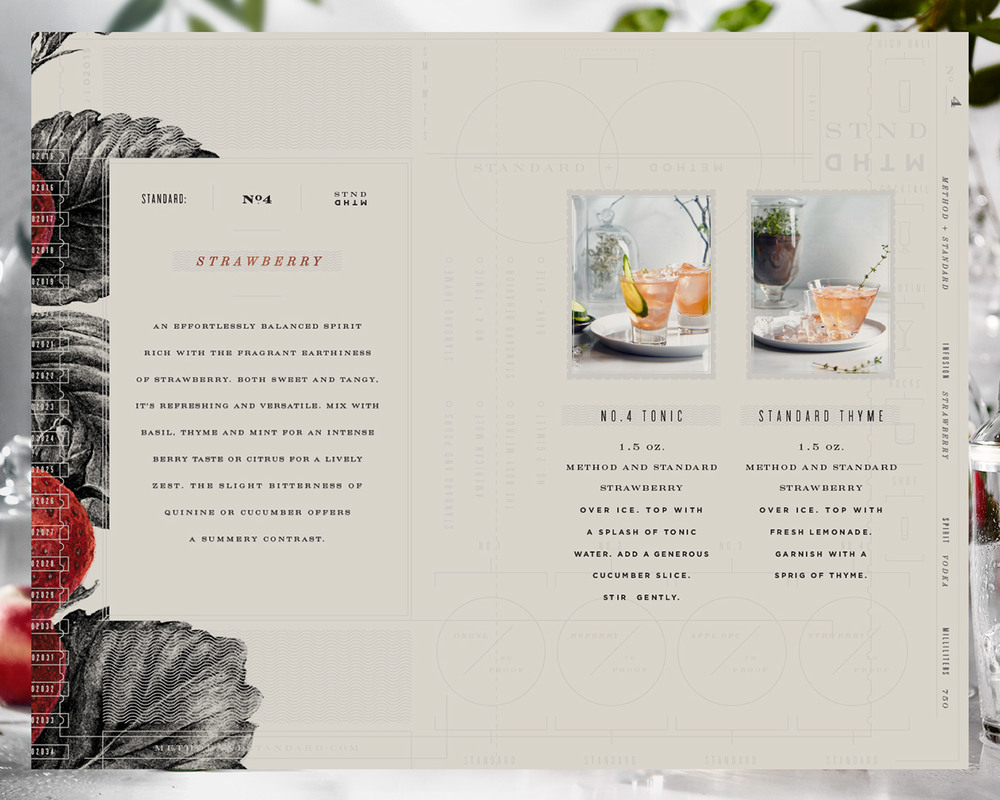 Method + Standard-伏特加酒包装设计-采用新鲜的苹果,肉桂,和成熟的草莓为原料发酵而成。透明的瓶子,闪闪发光的颜色是引诱消费者体验一个精品精神---酷图编号1153235