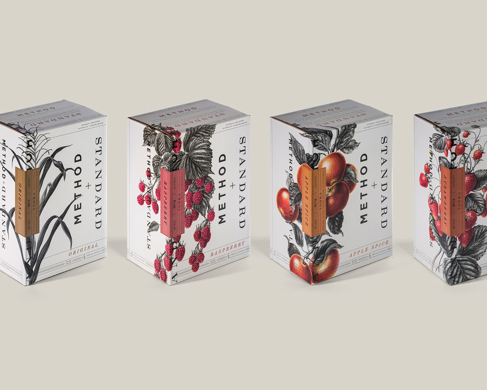 Method + Standard-伏特加酒包装设计-采用新鲜的苹果,肉桂,和成熟的草莓为原料发酵而成。透明的瓶子,闪闪发光的颜色是引诱消费者体验一个精品精神---酷图编号1153241