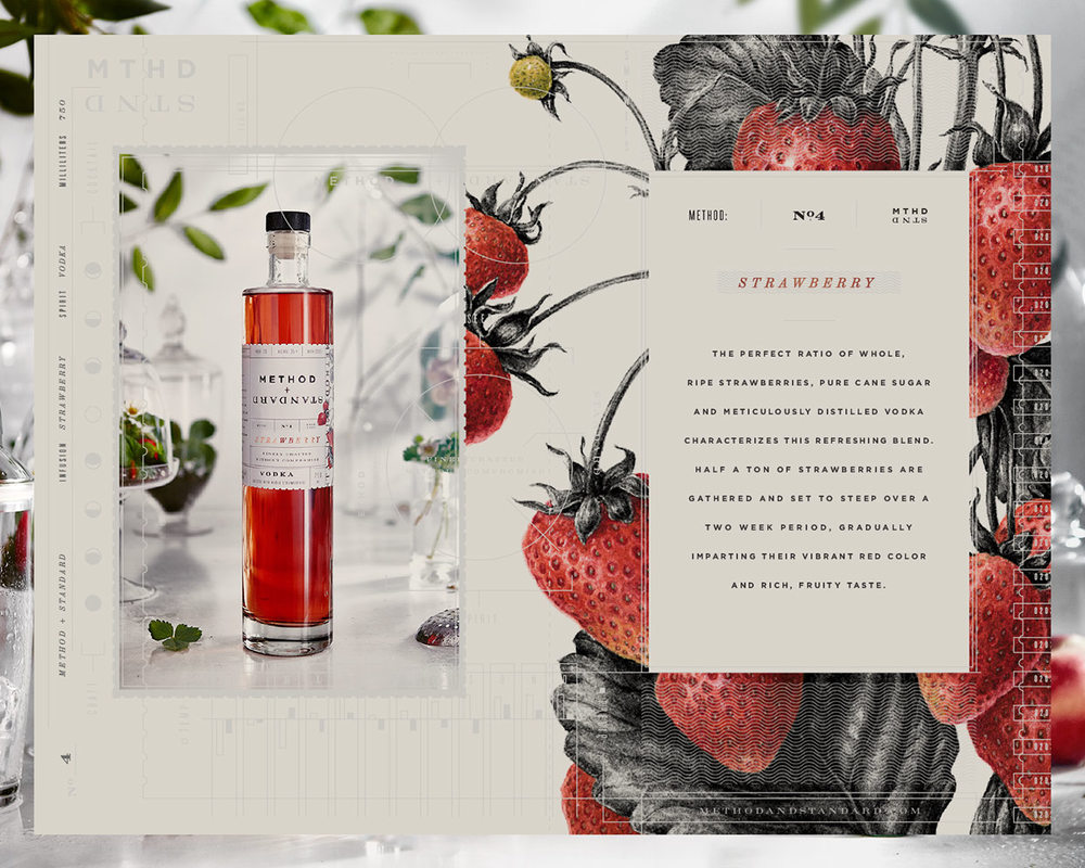 Method + Standard-伏特加酒包装设计-采用新鲜的苹果,肉桂,和成熟的草莓为原料发酵而成。透明的瓶子,闪闪发光的颜色是引诱消费者体验一个精品精神---酷图编号1153245