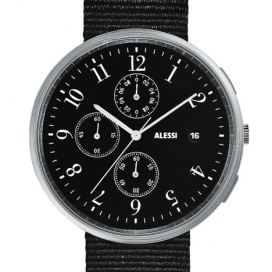 Record黑色尼龙腕表设计-意大利艺术大师阿希尔为Alessi(阿莱西)设计的计时码表，采用不锈钢抛光表盘线程和耐磨带，有固定金属扣，被英国军方采用