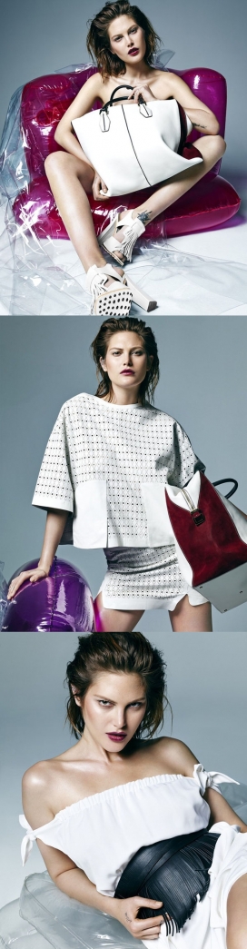 凯瑟琳麦克尼尔-W杂志韩国2014年2月-清洁明快的线条-透明沙发女装包包秀