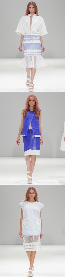 伦敦时装周-皇家学院乳胶板针织时装秀展示-网状运动材料制成的服装包括外套和裙子