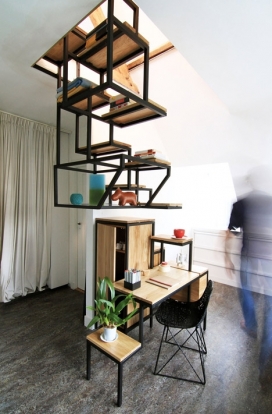 悬浮楼梯-采用橡木和黑钢材料，开放式框架箱和货架-来自荷兰Mieke Meijer家居设计师作品