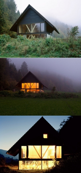 尖角木屋-木支架圆形窗口-位于瑞士北部麦田和树林灌木丛间，由当地建筑师Pascal Flammer设计，陡斜屋顶和飞檐，而且还集成了现代的元素，如全高玻璃和冲洗细节。