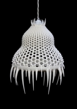 浮游生物灯-灵感来自海洋微生物，采用三维印刷工艺，该灯采用了LED灯泡，消耗能量低，外观看上去带刺，摸上去像柔软天鹅绒般，可以指定自定义灯光颜色，以适应任何室内空间