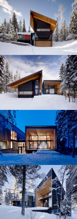 加拿大滑雪胜地木质度假别墅酒店-周围有大量白杨和云杉树森林，楼高三层，由两翼中央楼梯相连，打开窗户可欣赏到山峰，出门即可滑雪