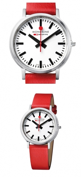 瑞士MONDAINE手表品牌推出的红黑色腕表设计-祭奠其本国标志性的铁路时钟，手表有两种颜色：黑色表壳，黑色硅胶表带，另一种变体采用了银色外壳和红色表带。
