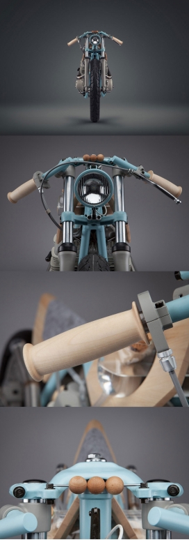 木质摩托车-意大利Joe Velluto设计工作室作品-它采用木材和羊毛取代金属和塑料与玻璃，灵感来自世界家具