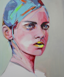 色彩柔和鲜明的人物水彩插画-强大的眼睛和鲜艳的嘴唇，给人一种莫名的悲伤和保密感