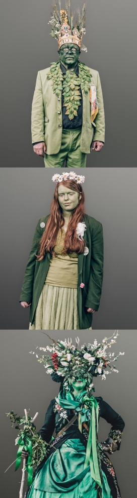 黑斯廷斯-探索英国民间山顶游行传说-人物大多佩戴鲜花花环和树叶或脸部彩绘，类似部落游民族