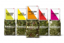 Raselli Organic有机茶包装设计-透明塑料膜展示了茶的叶子和花，带有情感色彩编码设备识别，突出了自然性和高质量