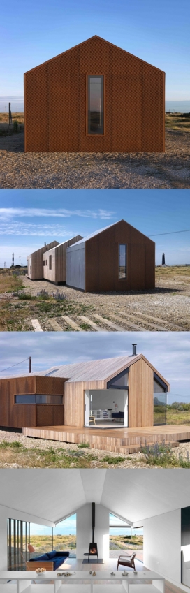 生锈弯钢网构件的房屋-银色的落叶松和灰色水泥纤维板包覆这房子