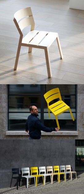 木板椅子-运输水果的轻巧木箱三条腿椅子，重量达3.5公斤，薄膜层压木条形成座椅和靠背