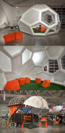 立体移动生活的新面貌-折叠充气圆顶可扁平封装，一个轻量级的帐篷，是由一个坚固的金属框架组成，它可以由任何车辆拉，便于旅行者使用。