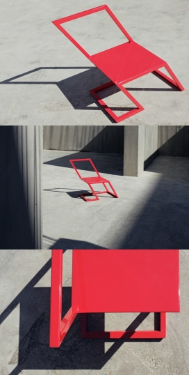 红色平行四边形倾斜椅子-光滑的红色椅子是一个永久的倾斜，营造出一种张力。每个椅子是采用钢手工制作，每一个把都是独特的